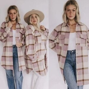 NWT DEX Plus Size Plaid Button Down Shacket Pink Taupe Womens Size 3X